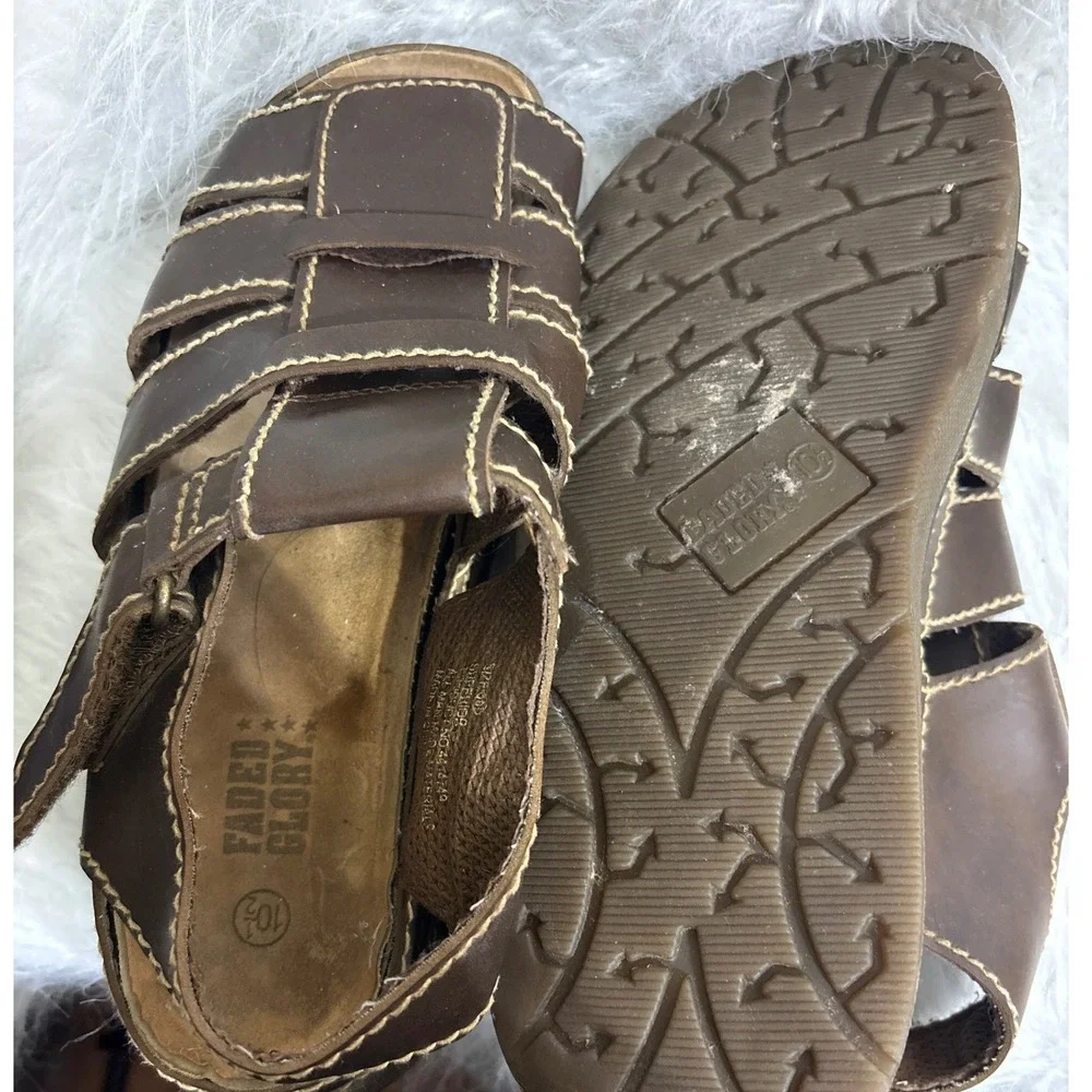 Faded Glory Mens Fisherman Sandals Brown Contrast Stitch Hook Loop Size 10.5